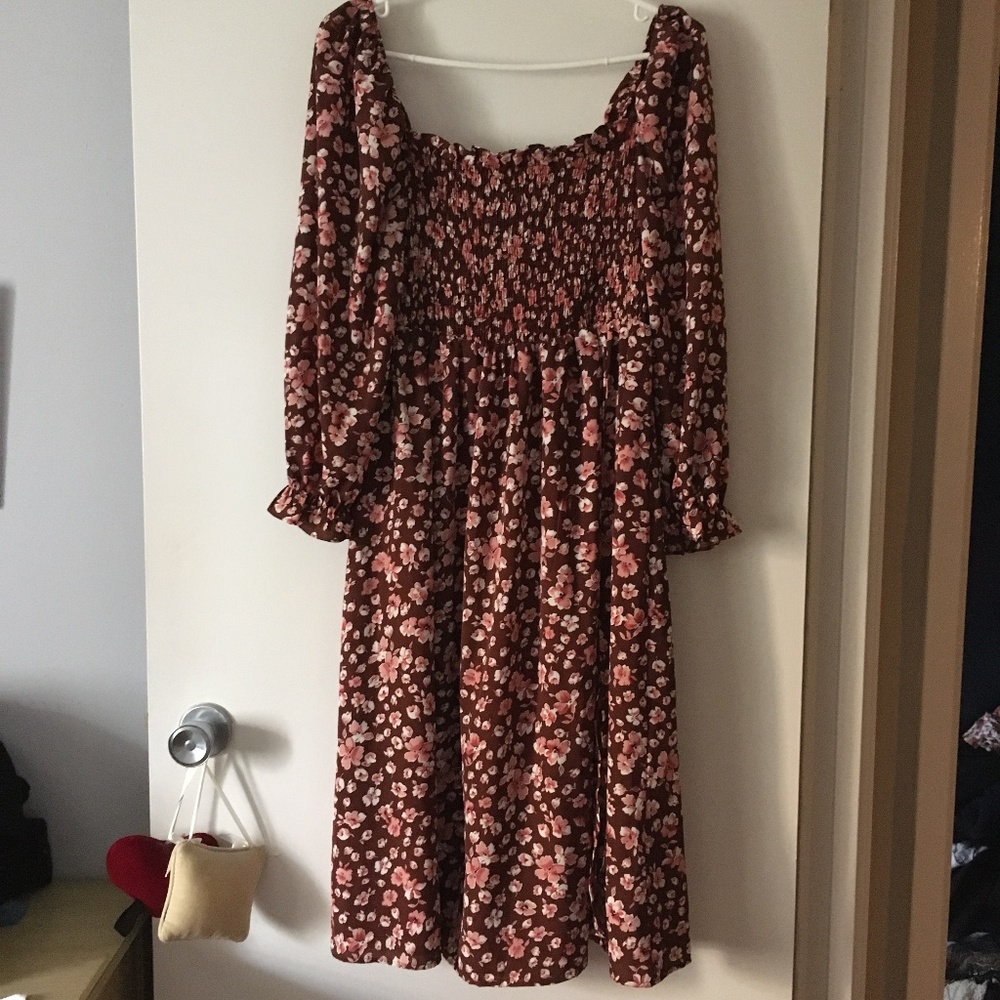 Last Chance! Multicolor Burgundy Brown Floral Smocked Long Dress M